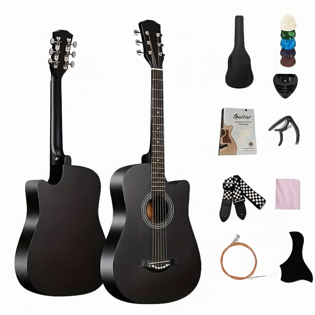 Chitară Acustică 38 inch Set Începători – Lemn Basswood, Finisaj Mat, 18 Frete, Include Husă, Capo, Pene, Curea și Manual 1