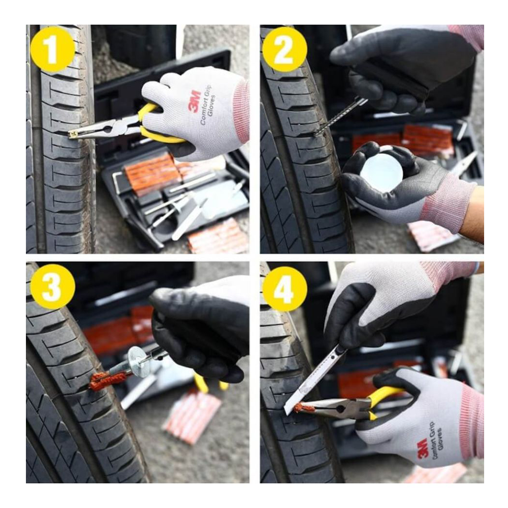 Kit Vulcanizare Auto la Rece cu Snur Cauciuc Reparare Pana Anvelope Tubeless, Maner Metalic si Cutie Depozitare 3