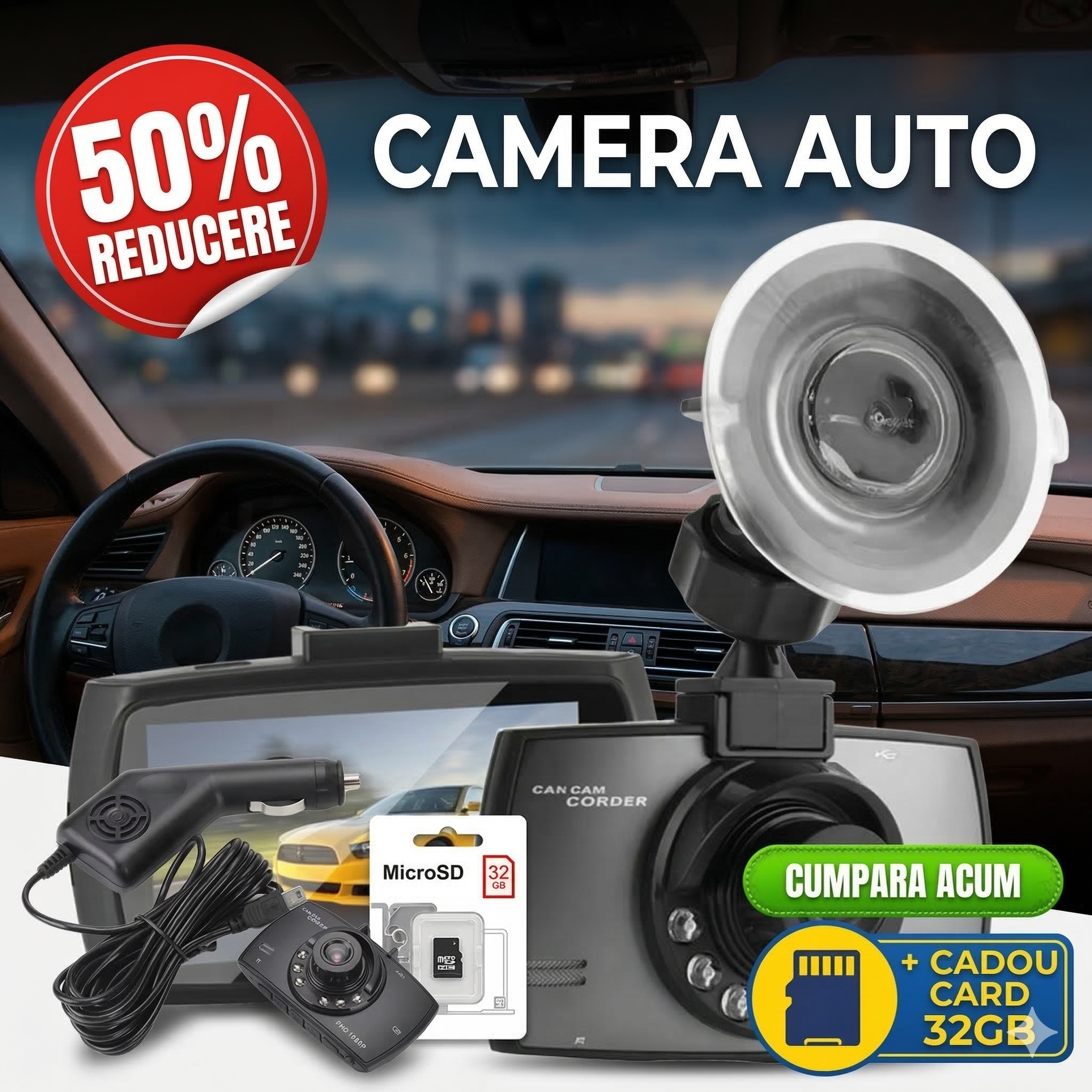 Camera Auto Full HD + CARD CADOU care îți apără mașina 24/7 și îți oferă dovada în orice incident
