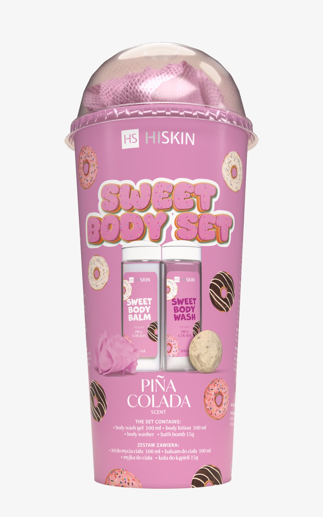 Milkshake Pina Colada Hiskin Gel de dus+Crema de corp+Burete+Bomba de baie 2